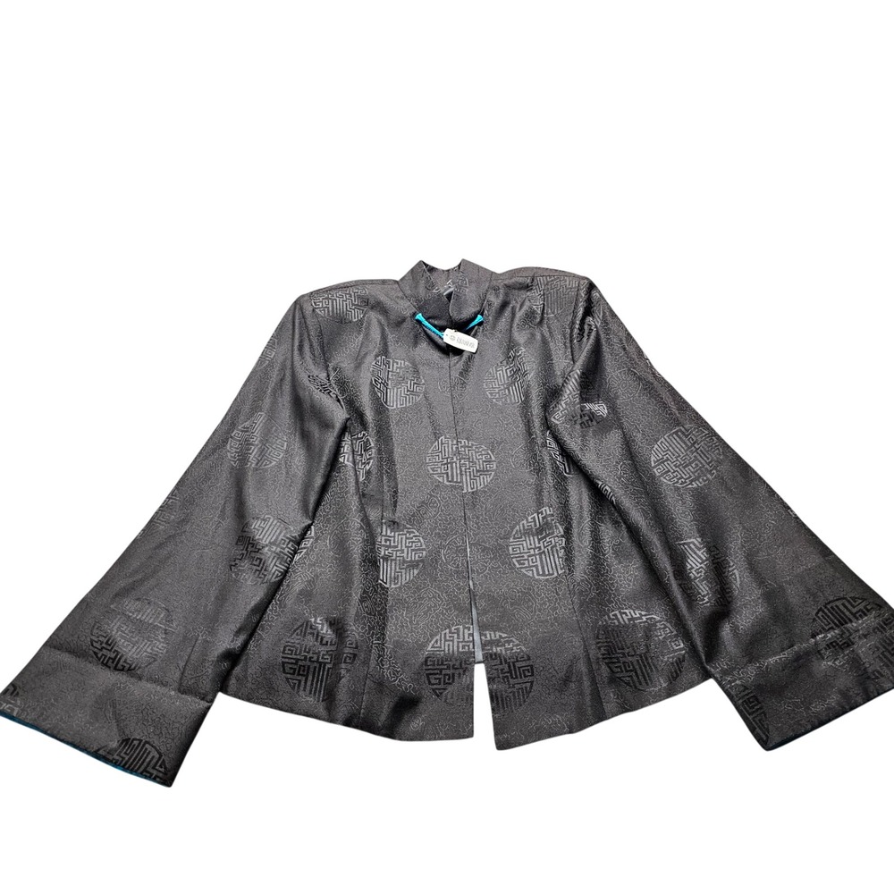 Newport Mansions Silk Blend Mandarin Jacket Womens L Black Turquoise Frog Knot